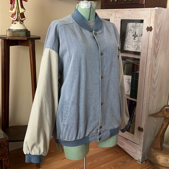 Vintage 90s Denim Bomber Racing Varsity Jacket Beige Sleeves Snap Buttons Retro - Picture 4 of 13